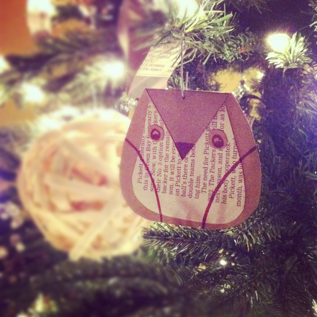 recycled newspaper owl ornament