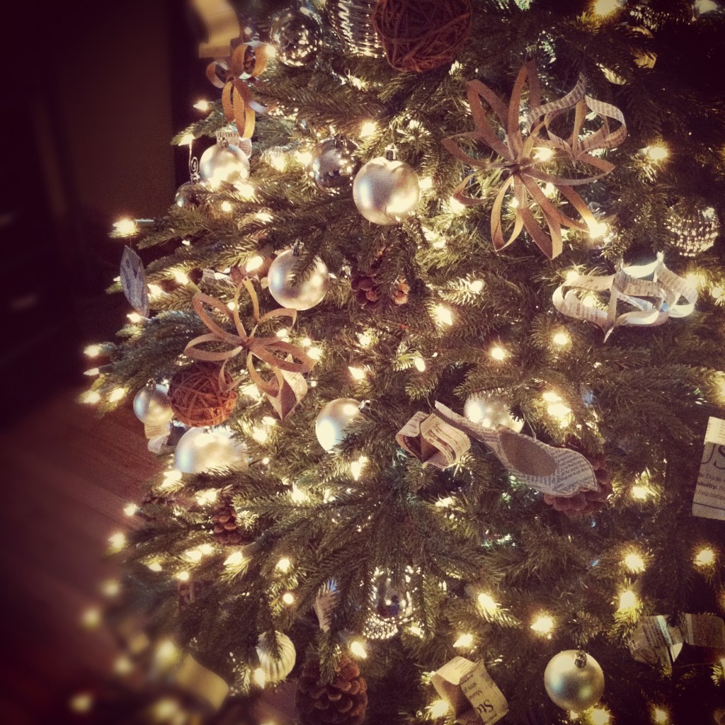 Christmas Tree using recycled products for ornaments