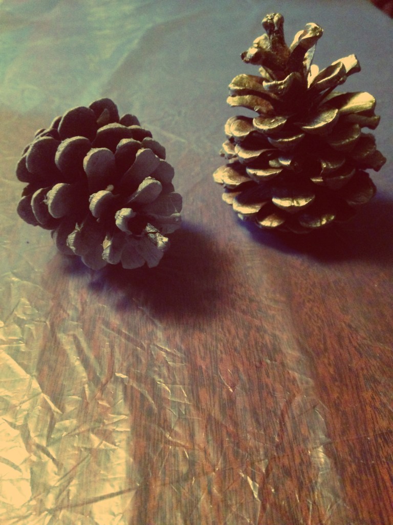 Spray-painted white & gold pinecones, DIY, Christmas tree, Pinterest