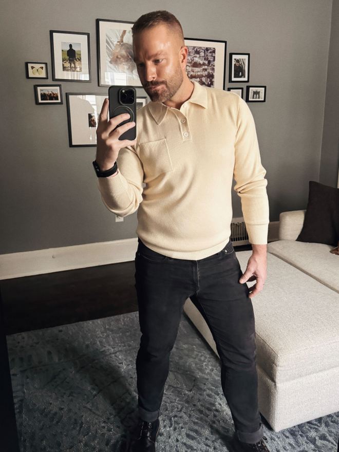 mens cream sweater polo