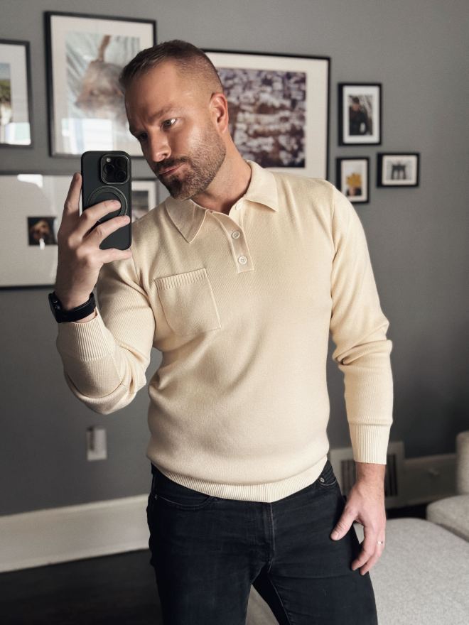 mens amazon cream sweater polo